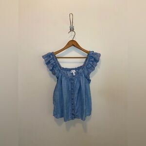Jessica Simpson Chambray Eyelet Ruffle Square-Neck Blouse